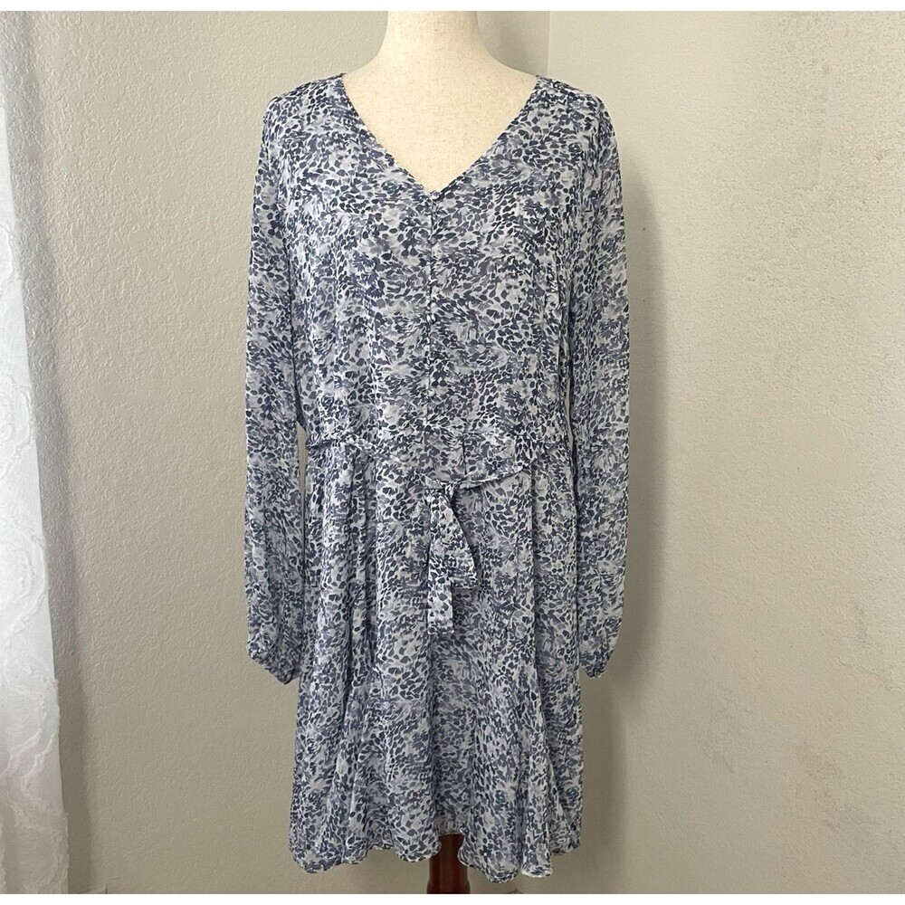 Express Women’s xL Floral Dress Short Tie Waist Blue Chiffon Long Sleeve Girly - Picture 3 of 11